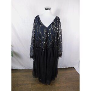 BloomChic Dress Womens 26 Black Sequin Mesh V-Neck Long Sleeve Plus Size Party